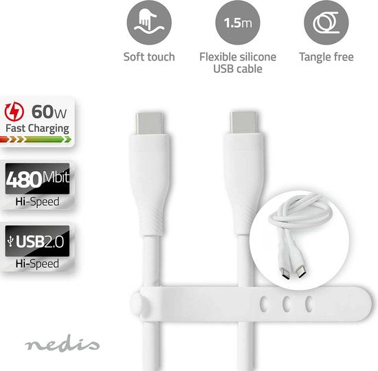 Nedis USB-Kabel - USB 2.0 - USB-C Male - USB-C Male - 60 W - 480 Mbps - Vernikkeld - 1.50 m - Rond - Silicone - Wit - Doos - afbeelding 3