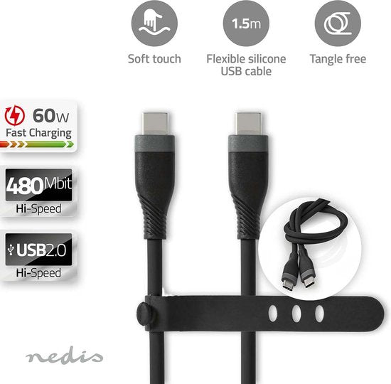 Nedis USB-Kabel - USB 2.0 - USB-C Male - USB-C Male - 60 W - 480 Mbps - Vernikkeld - 1.50 m - Rond - Silicone - Zwart - Doos - afbeelding 3