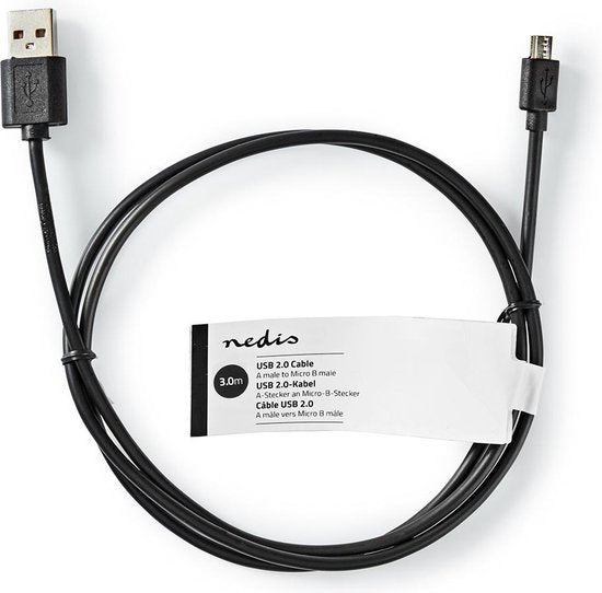 Nedis USB-Kabel - USB 2.0 - USB-A Male - USB Micro-B Male - 4.5 W - 480 Mbps - Vernikkeld - 3.00 m - Rond - PVC - Zwart - Label - afbeelding 3