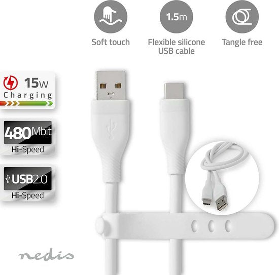 Nedis USB-Kabel - USB 2.0 - USB-A Male - USB-C Male - 15 W - 480 Mbps - Vernikkeld - 1.50 m - Rond - Silicone - Wit - Doos - afbeelding 3