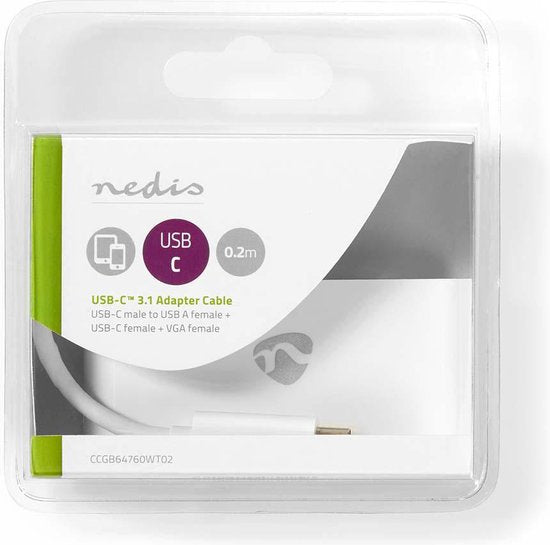 Nedis USB Multi-Port Adapter - 3-in-1 - USB 3.1 - USB-C Male - USB-A Female / USB-C Female / VGA Female 15p - 5 Gbps - 0.20 m - Rond - Vernikkeld - PVC - Wit - Blister - afbeelding 2