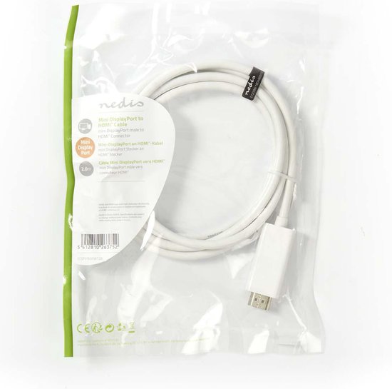 Nedis Mini DisplayPort-Kabel - DisplayPort 1.2 - Mini-DisplayPort Male - HDMI Connector - 21.6 Gbps - Vernikkeld - 2.00 m - Rond - PVC - Wit - Label - afbeelding 4