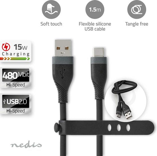 Nedis USB-Kabel - USB 2.0 - USB-A Male - USB-C Male - 15 W - 480 Mbps - Vernikkeld - 1.50 m - Rond - Silicone - Zwart - Doos - afbeelding 3