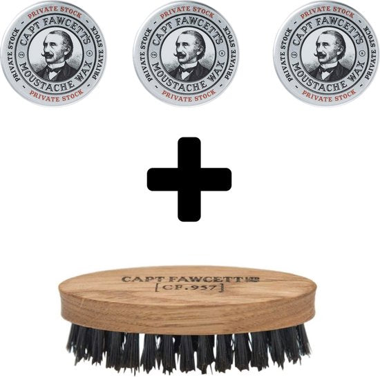 Captain Fawcett Private Stock Moustache Wax 15ml x 3 + Wild Boar Bristle Moustache Brush CF. 957 - afbeelding 1