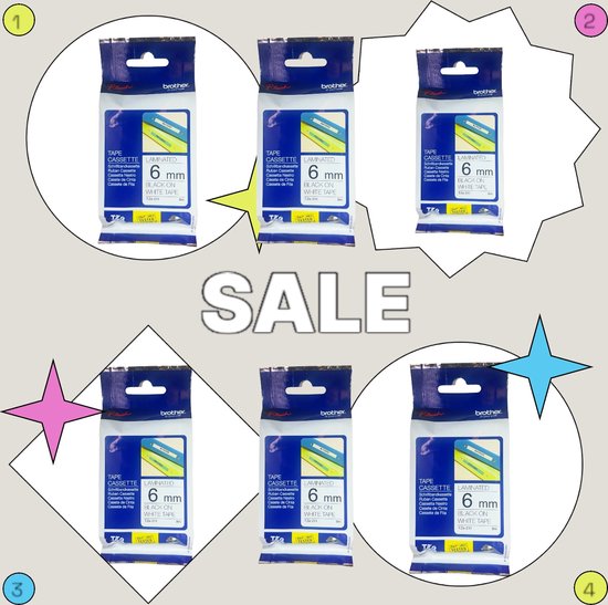 SALE Supervoordelig 6 Pack Originele Labelprintertape Brother TZe-211 6mm x 8 meter Black on White Laminated - afbeelding 1
