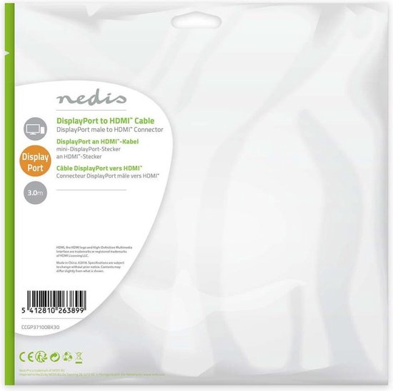 Nedis DisplayPort-Kabel - DisplayPort Male - HDMI Connector - 1080p - Vernikkeld - 3.00 m - Rond - PVC - Zwart - Envelop - afbeelding 4