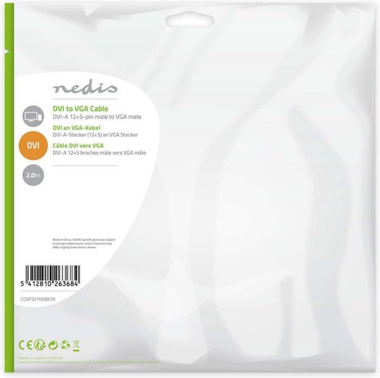 Nedis DVI-Kabel - DVI-A 12+5-Pin Male - VGA Male - 1024x768 - Vernikkeld - 2.00 m - Recht - PVC - Zwart - Envelop - afbeelding 5