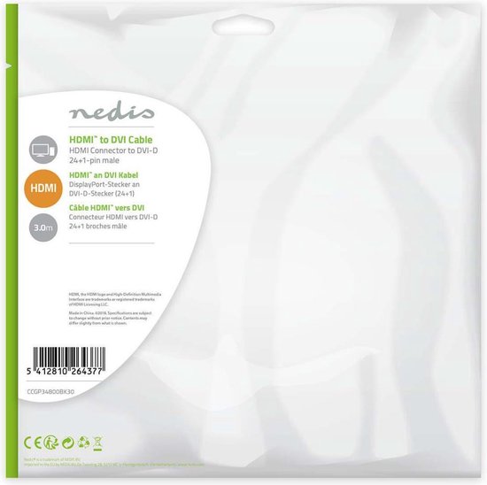 Nedis HDMI Kabel - HDMI Connector - DVI-D 24+1-Pins Male - 1080p - Vernikkeld - 3.00 m - Recht - PVC - Zwart - Label - afbeelding 5
