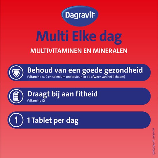 Dagravit Multi Elke Dag - Multivitaminen en mineralen - Behoud van een goede gezondheid (1) - Draagt bij aan fitheid (2) - 1 tablet per dag - 60 tabletten - afbeelding 2