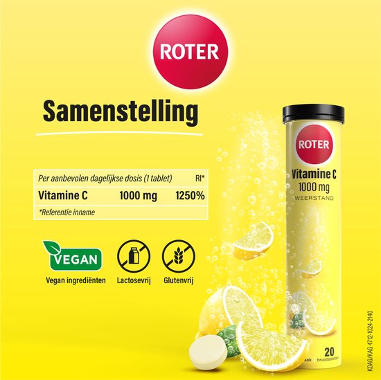 Roter Vitamine C 1000mg bruis - Hoge dosering vitamine C ter ondersteuning van je weerstand - 40 bruistabletten met citroensmaak - afbeelding 6