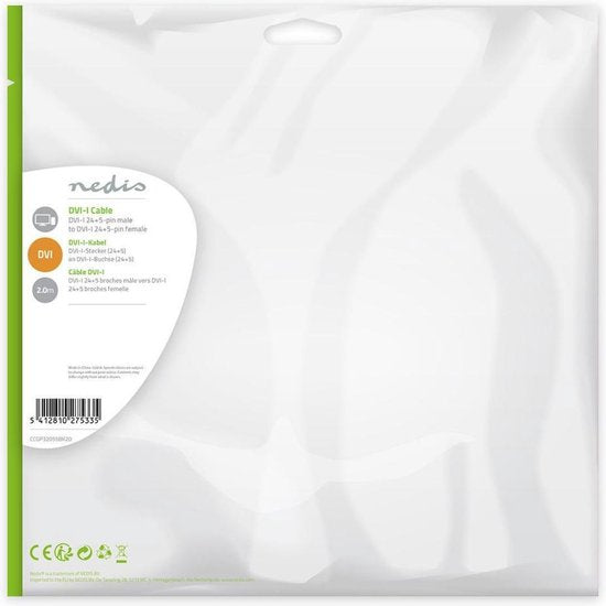 Nedis DVI-Kabel - DVI-I 24+5-Pin Male - DVI-I 24+5-Pins Female - 2560x1600 - Vernikkeld - 2.00 m - Recht - PVC - Zwart - Polybag - afbeelding 5