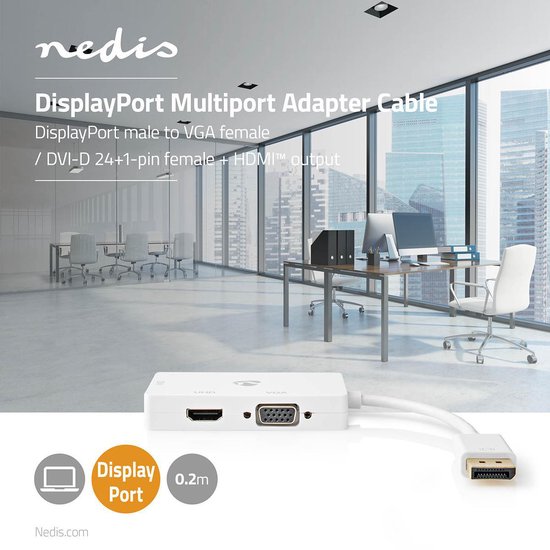 Nedis DisplayPort-Adapter - Mini-DisplayPort Male - DVI-D 24+1-Pins Female / HDMI Output / VGA Female 15p - 4K@60Hz - Verguld - Schakelbaar - 0.20 m - Rond - ABS - ABS - Wit - Polybag - afbeelding 3