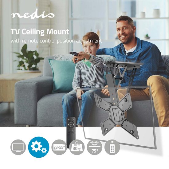 Nedis Gemotoriseerde TV-plafondbeugel - 23 - 55 " - Maximaal schermgewicht: 30 kg - Kantelbaar - Maximale plafondafstand: 663 mm - Minimale plafondafstand: 108 mm - Afstandbestuurbaar - Staal - Zwart - afbeelding 4