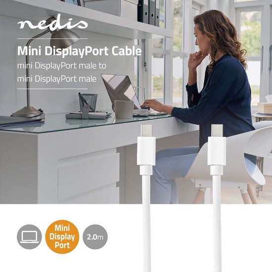 Nedis Mini DisplayPort-Kabel - DisplayPort 1.4 - Mini-DisplayPort Male - Mini-DisplayPort Male - 48 Gbps - Vernikkeld - 2.00 m - Rond - PVC - Wit - Blister - afbeelding 2