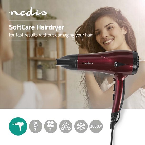 Nedis Föhn - 2000 W - Concentrator / Verdeler - 3 Warmte Standen - 2 Snelheden - Oververhittingsbeveiliging - 1.80 m - Rood/Zwart - Kunststof - afbeelding 1