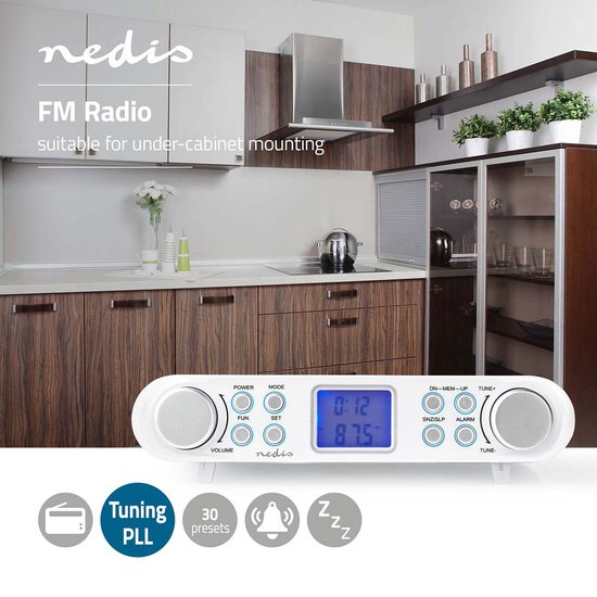 Nedis Keukenradio - Kastontwerp - FM - Netvoeding - Digitaal - 1.5 W - 2 " - Zwart-Blauw Scherm - Wekker - Wit / Zilver - afbeelding 4