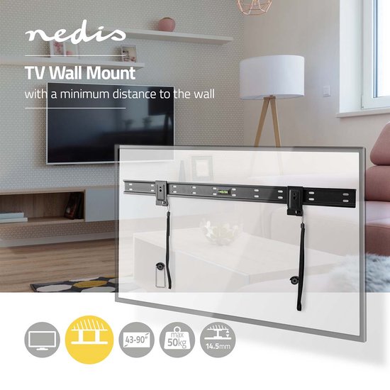 Nedis Vaste TV-Muurbeugel - 43 - 90 " - Maximaal schermgewicht: 50 kg - Minimale muurafstand: 14.5 mm - Staal - Zwart - afbeelding 2