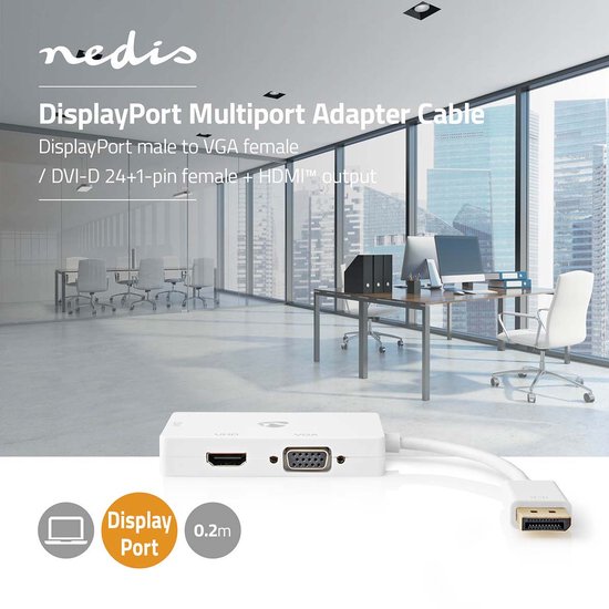 Nedis DisplayPort-Adapter - Mini-DisplayPort Male - DVI-D 24+1-Pins Female / HDMI Output / VGA Female 15p - 4K@60Hz - Verguld - Schakelbaar - 0.20 m - Rond - ABS - ABS - Wit - Polybag - afbeelding 2