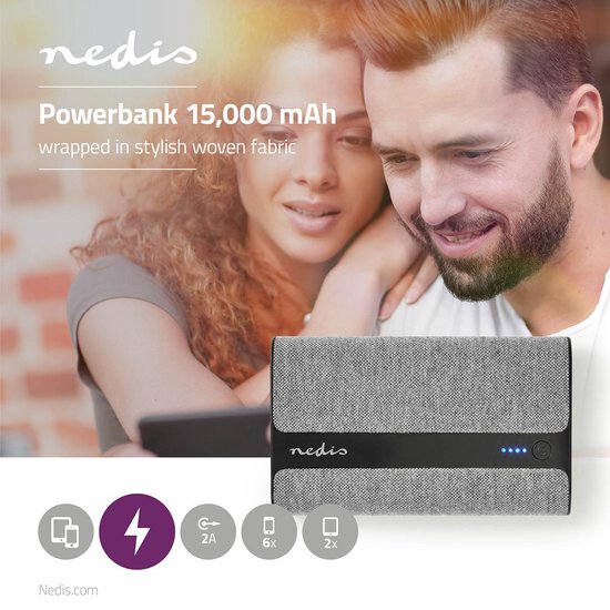 Nedis Powerbank - 15000 mAh - 2x 2.0 A - Outputs: 2 - Output: 2x USB-A - Inputs: 1x Micro USB - Lithium-Polymeer - afbeelding 3
