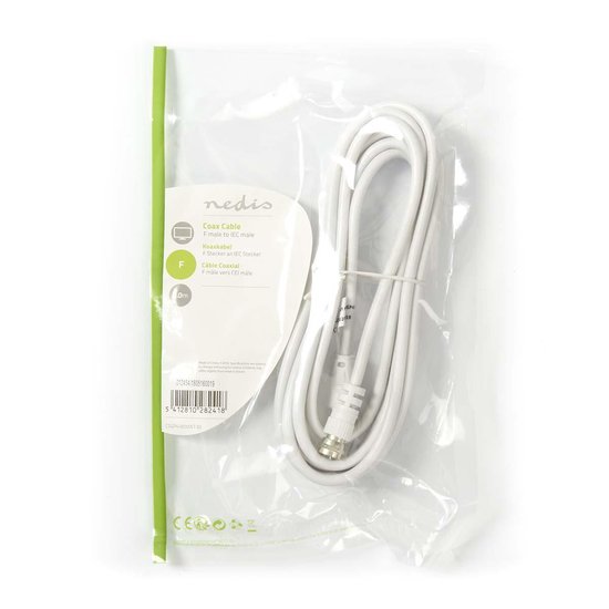 Nedis Satelliet- en Antennekabel - F-Male - IEC (Coax) Male - Vernikkeld - 30 dB - 75 Ohm - Dubbel Afgeschermd - 3.00 m - Rond - PVC - Wit - Envelop - afbeelding 3