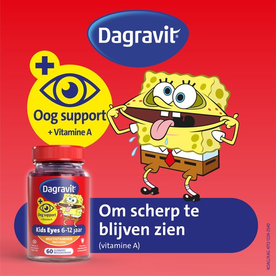 Dagravit Kids Eyes Multivitaminen met oogsupport - Multivitamine met vitaminen en mineralen - Met o.a. vitamine C en vitamine A ( luteïne) - Glutenvrij en lactosevrij - Bessensmaak - Spongebob - Leeftijd 6-12 jaar - 60 gummies - afbeelding 5