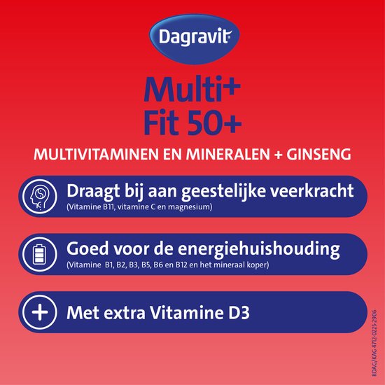 Dagravit Totaal 30 Vitaal 50+ Multivitaminen voordeelverpakking - Vitamine B1, B2, B3, B5, B6, B12 en koper dragen bij aan een goede energiehuishouding - 100 tabletten - afbeelding 4
