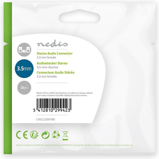 Nedis 3,5 mm Audioconnector - Gehoekt - Female - Vernikkeld - Solderen - Polyvinylchloride (PVC) - Zwart - 25 Stuks - Polybag - afbeelding 11