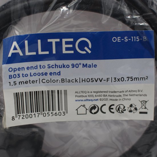 Allteq - Open eind aansluitsnoer - Schuko stekker - 1.5 meter - Zwart - afbeelding 3