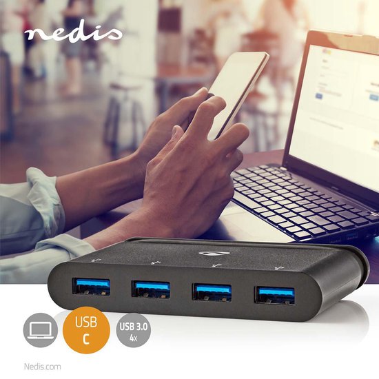 Nedis USB Multi-Port Adapter - USB 3.2 Gen 1 - USB-C Male - 4x USB-A - Rond - Vernikkeld - Zwart - Window Box met Euro Lock - afbeelding 2