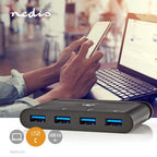 Nedis USB Multi-Port Adapter - USB 3.2 Gen 1 - USB-C Male - 4x USB-A - Rond - Vernikkeld - Zwart - Window Box met Euro Lock - afbeelding 2