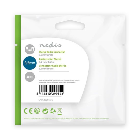 Nedis 3,5 mm Audioconnector - Recht - Female - Vernikkeld - Solderen - Metaal - Zilver - 25 Stuks - Polybag - afbeelding 8