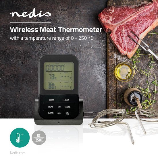 Nedis Vleesthermometer - Alarm / Draadloos / Temperatuurinstelling / Timer - LCD-Scherm - 0 - 250 °C - Zwart - afbeelding 4