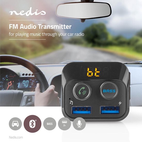 Nedis FM-Audiotransmitter voor Auto - Gefixeerd - Handsfree bellen - 1.0 " - LED-Scherm - Bluetooth - 5.0 V DC / 1.0 A / 5.0 V DC / 2.4 A - Bass boost - Google Assistant / Siri - Zwart - afbeelding 2