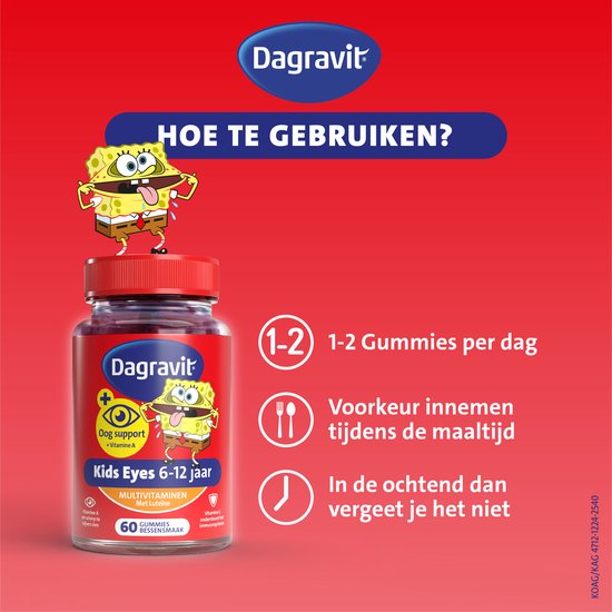Dagravit Kids Eyes Multivitaminen met oogsupport - Multivitamine met vitaminen en mineralen - Met o.a. vitamine C en vitamine A ( luteïne) - Glutenvrij en lactosevrij - Bessensmaak - Spongebob - Leeftijd 6-12 jaar - 60 gummies - afbeelding 3