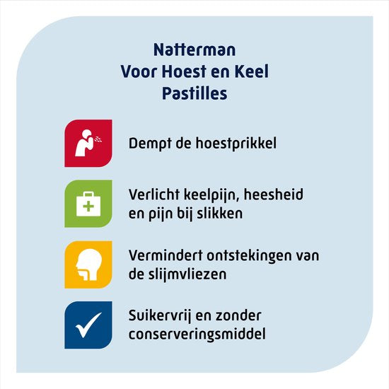 Natterman Hoest en Keel pastilles - Dempt de hoestprikkel - Verlicht keelpijn, heesheid en pijn bij slikken - Suikervrij - Anti-hoestmiddel - Medisch hulpmiddel - Vanaf 6 jaar - 20 pastilles - afbeelding 7