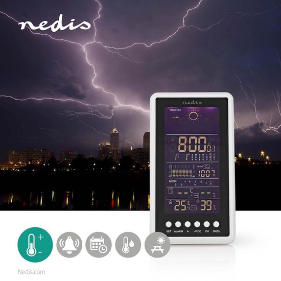 Nedis Weerstation - Binnen & Buiten - Radiogestuurde klok - Inclusief draadloze weersensor - Weersvoorspelling - Barometer - Tijdweergave - LCD met Achtergrondverlichting - Wekkerfunctie - afbeelding 4