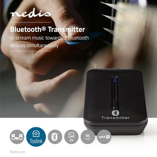 Nedis Bluetooth-Zender - Input: 1x TosLink Female - AptX Low latency / AptX / SBC - Maximaal 2 Apparaten - Zwart - afbeelding 2