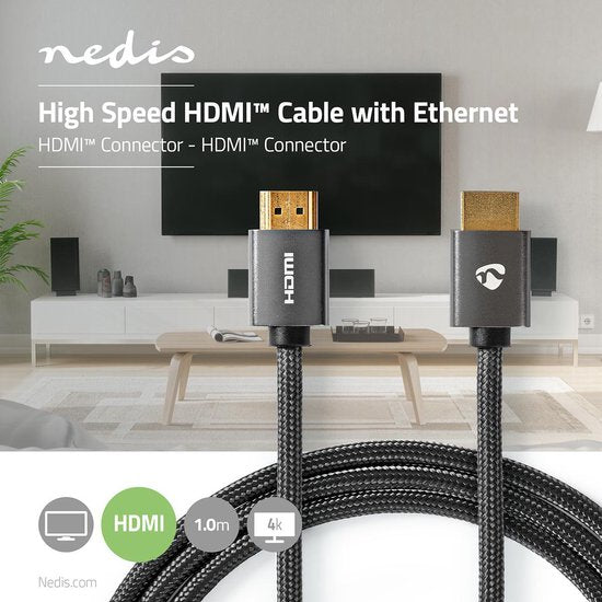 Nedis High Speed ​​HDMI-Kabel met Ethernet - HDMI Connector - HDMI Connector - 4K@60Hz - ARC - 18 Gbps - 1.00 m - Rond - Katoen - Gun Metal Grijs - Cover Window Box - afbeelding 7