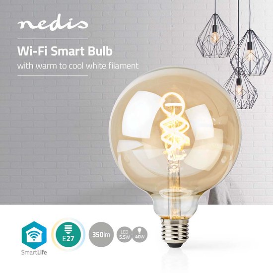 Nedis SmartLife LED Filamentlamp - Wi-Fi - E27 - 350 lm - 5.5 W - Koel Wit / Warm Wit - 1800 - 6500 K - Glas - Android / IOS - G125 - 1 Stuks - afbeelding 6