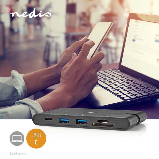 USB Docking Station - USB 3.2 Gen 1 - USB-C Male - HDMI Female / Micro SD / RJ45 Female / SD / VGA Female 15p / 2x USB-A / 2x USB-C - Rond - Vernikkeld - Zwart - Window Box met Euro Lock - afbeelding 2