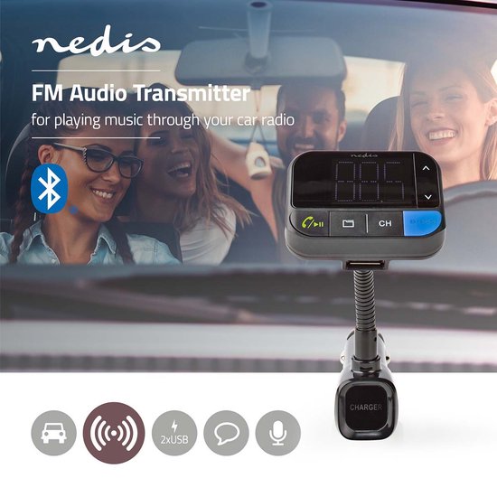 Nedis FM-Audiotransmitter voor Auto - Zwanenhals - Handsfree bellen - 1.5 " - LED-Scherm - Bluetooth - 5.0 V DC / 1.0 A / 5.0 V DC / 2.4 A - Bass boost - Google Assistant / Siri - Zwart - afbeelding 2