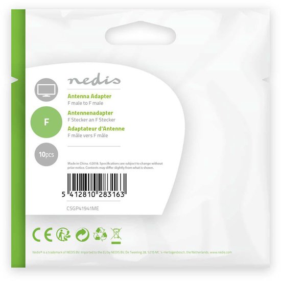 Nedis Satelliet- en Antenne-Adapter - F-Female - F-Female - Vernikkeld - 75 Ohm - Recht - Metaal - Zilver - 10 Stuks - Polybag - afbeelding 3