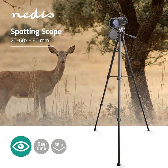 Nedis Spotting Scope - Vergrotingsbereik: 20-60 - Diameter objectieflens: 60 mm - Gezichtsveld: 38 m - Dioptrische correctie - Inclusief reistas - Zwart - afbeelding 7