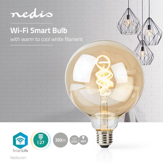 Nedis SmartLife LED Filamentlamp - Wi-Fi - E27 - 350 lm - 5.5 W - Koel Wit / Warm Wit - 1800 - 6500 K - Glas - Android / IOS - G125 - 1 Stuks - afbeelding 5