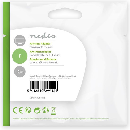 Nedis Satelliet- en Antenne-Adapter - IEC (Coax) Male - F-Female - Vernikkeld - 75 Ohm - Recht - Metaal - Zilver - 10 Stuks - Polybag - afbeelding 7