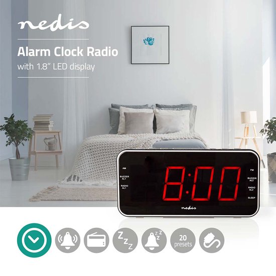 Nedis Wekkerradio - Digitale Wekker - AM / FM - Snoozefunctie - Slaaptimer - 2 Alarmen - Zwart - afbeelding 5