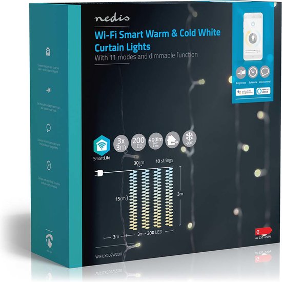 Nedis SmartLife-kerstverlichting - Gordijn - Wi-Fi - Warm tot Koel Wit - 200 LED's - 3.00 m - Android / IOS - afbeelding 8