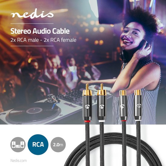 Stereo-Audiokabel - 2x RCA Male - 2x RCA Female - Verguld - 2.00 m - Rond - Grijs / Gun Metal Grijs - Cover Window Box - afbeelding 5