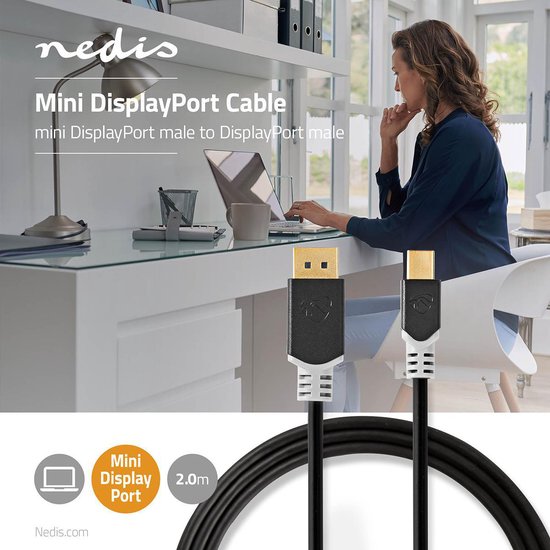 Nedis Mini DisplayPort-Kabel - DisplayPort 1.4 - Mini-DisplayPort Male - DisplayPort Male - 48 Gbps - Verguld - 2.00 m - Rond - PVC - Antraciet - Window Box - afbeelding 2