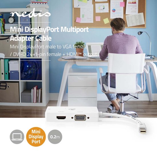 Nedis DisplayPort-Adapter - Mini-DisplayPort Male - DVI-D 24+1-Pins Female / HDMI Output / VGA Female 15p - 4K@60Hz - Vernikkeld - Schakelbaar - 0.20 m - Rond - ABS - ABS - Wit - Doos - afbeelding 2